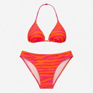 Hot Pink Orange Zebra Bikini Set Large Y2K Beachcore Halter Swimsuit Cruise 2 pc